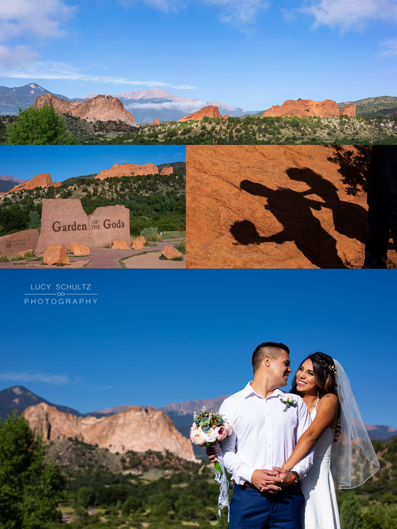 The shadows of the wedding couple are highlighted on the orange rock at their sunrise garden of the gods elopement on a September day.