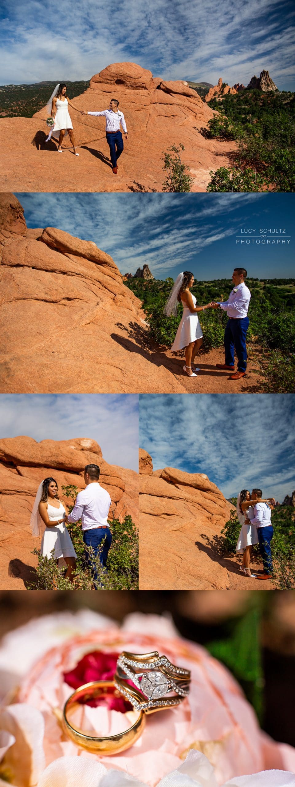 A latinx couple says their vows at garden of the gods park in Colorado Springs, Colorado at sunrise. The red rock spires are colorful against the blue sky and green trees.