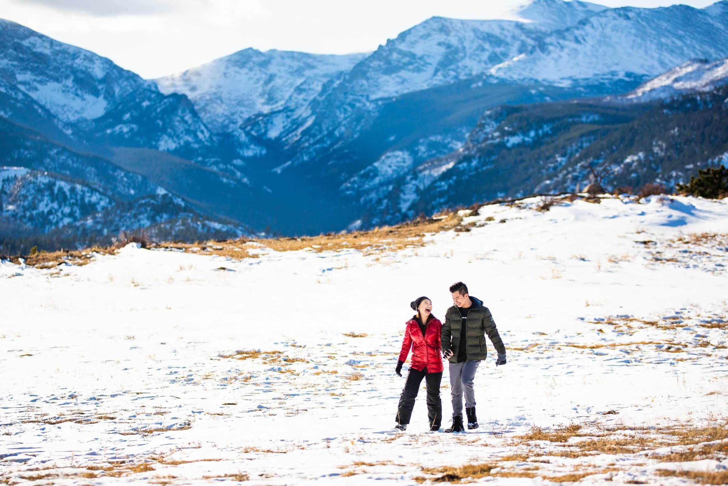 An engagement photographer photo of a couple at moraine park in rocky mountain national park.