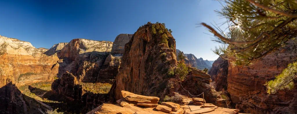 Angels landing rock formation in Zion National Park has panoramic views to both sides of the canyon.