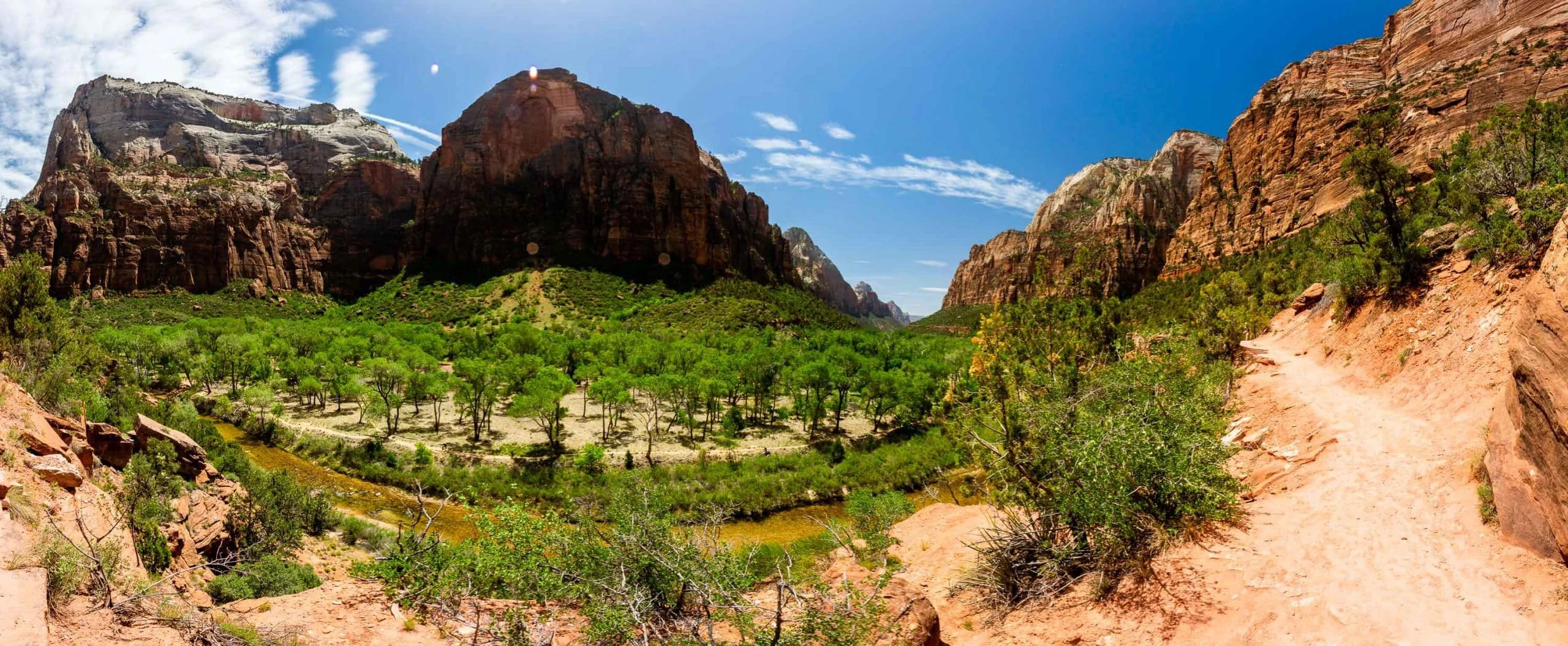 A panorama view of the Emerald pools area at Zion National Park.