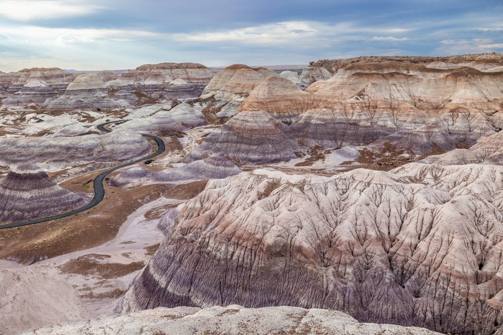 The purple and white hoodoos in Petrified Forest, Arizona make an alien landscape.
