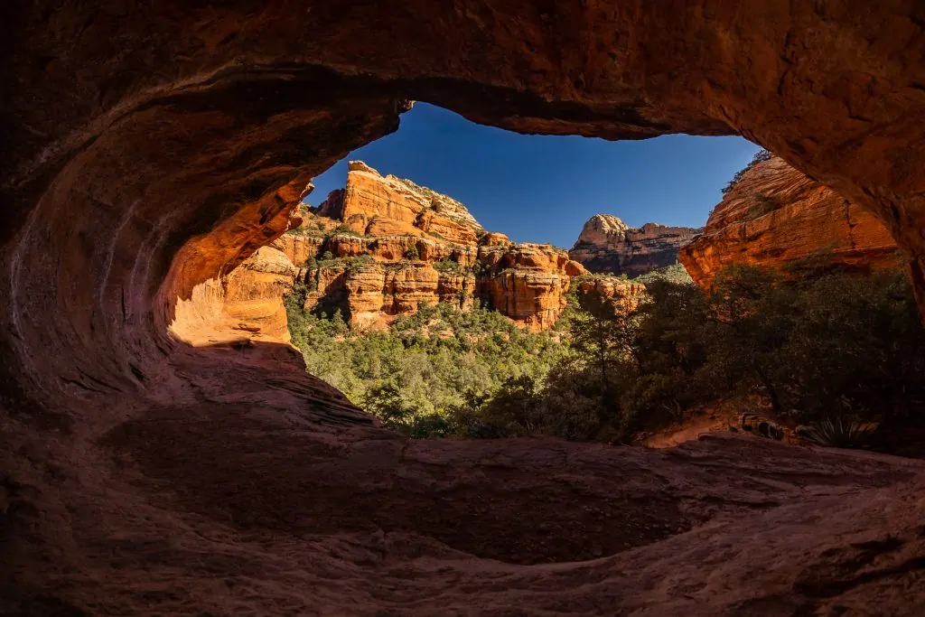 A view from inside a red rock alcove in a unique Sedona elopement location.