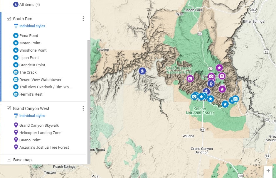 An interactive map of elopement locations at the grand canyon's north rim.