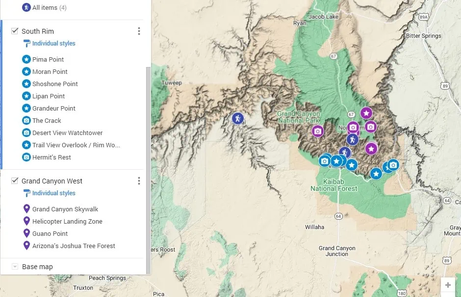 An interactive map of elopement locations at the grand canyon's north rim.