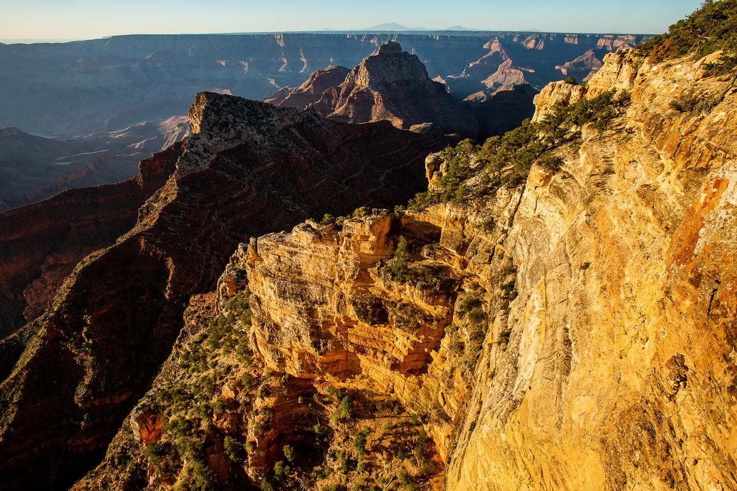 Sunrise lights up the north wall of the Grand Canyon.