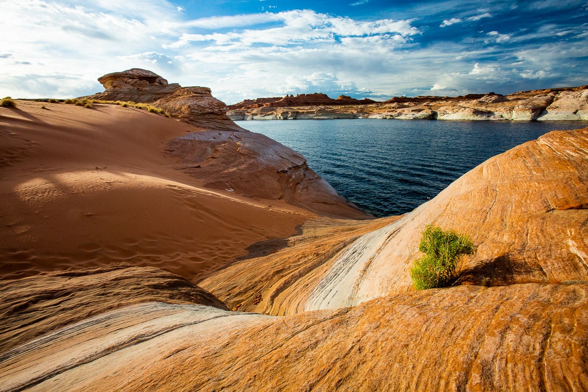 Lake Powell in northern Arizona is a man made lake with beautiful rocky shores.