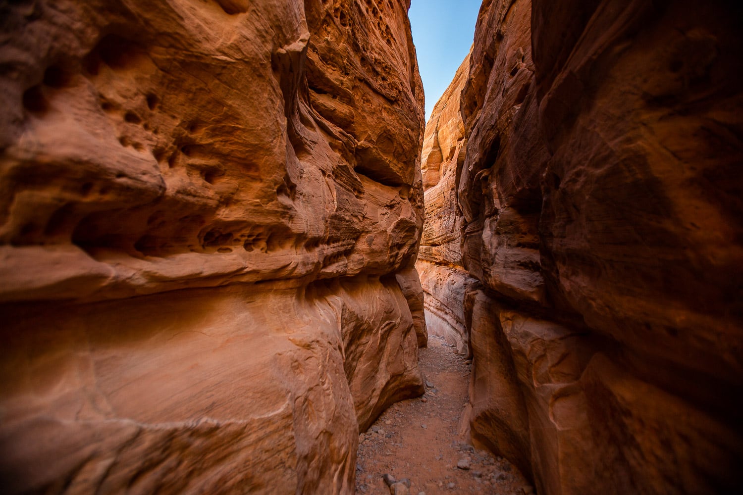 The slot canyon's red walls are so close together you can touch both sides.