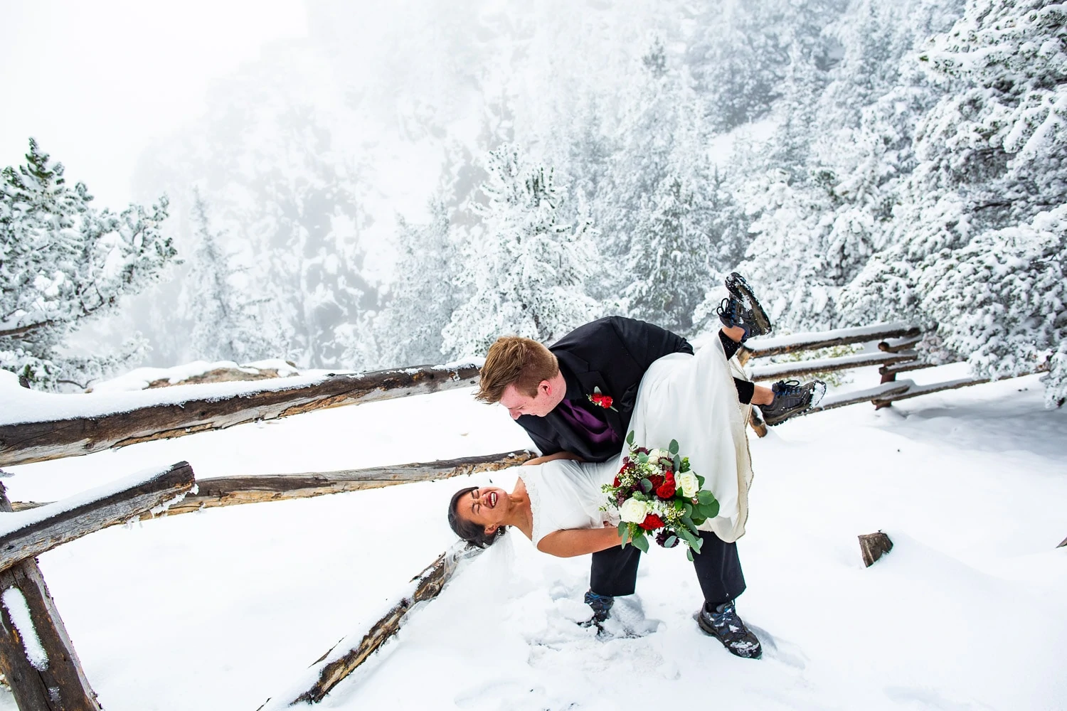 An elopement couple in the snow at Mt. Evans, Colorado.