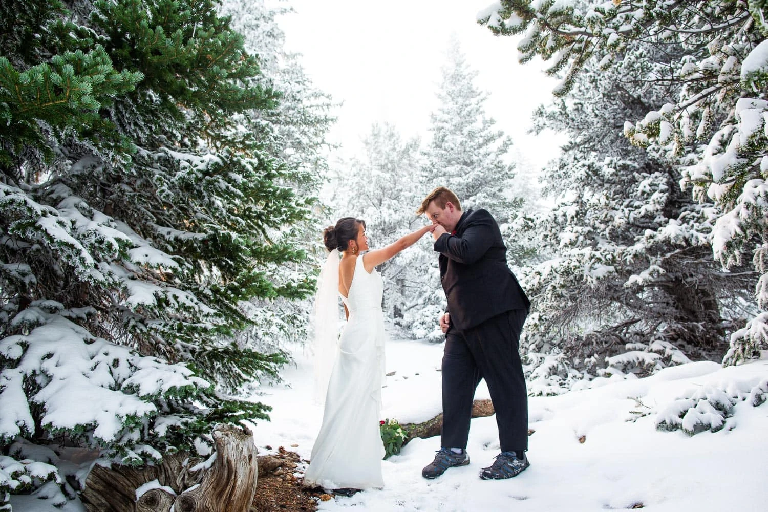 A groom kisses a bride's hand at their winter elopement surrounded by evergreen trees.