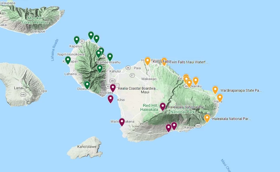 A map of Maui with pinpointed elopement locations near Hana, Lahaina, Makawao, Kihei and both Kipahulu and Summit districts of Haleakala National Park.