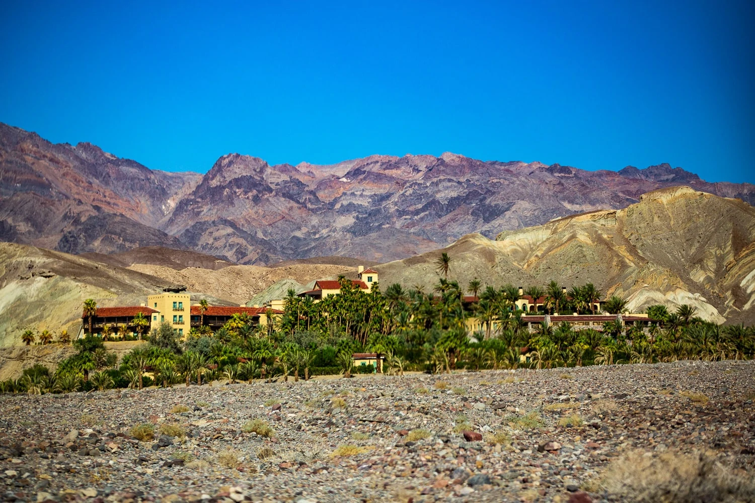 A red roofed hotel surrounded by palm trees in Death Valley National Park. A