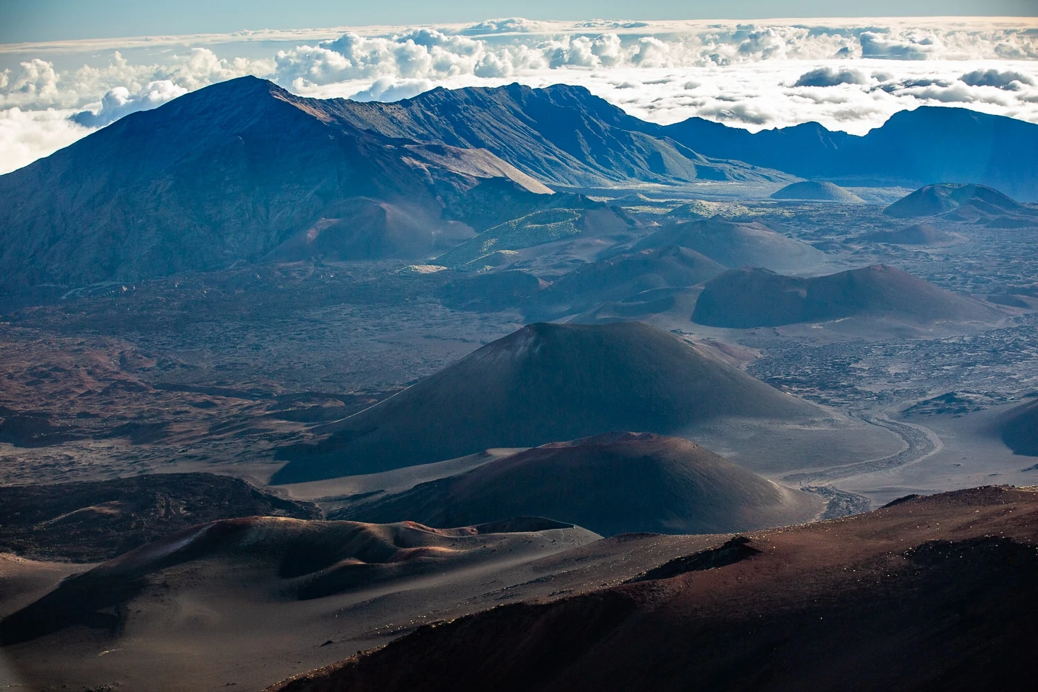 The crater and caldera of Haleakala volcano on Maui with many cones and volcanic vents.