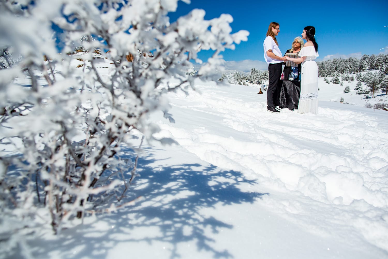 A bride and groom say their vows at their winter elopement in the snow.