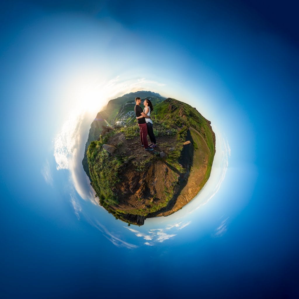 A tiny planet engagement photo in Golden, Colorado