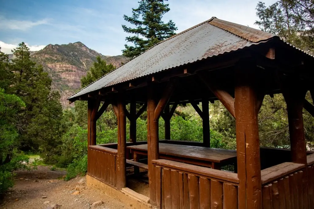 A covered picnic table in Ouray, colorado.