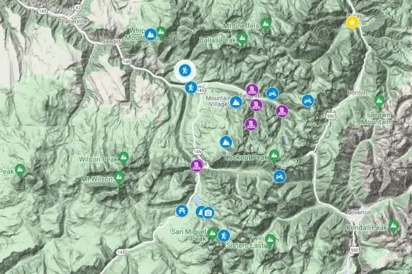 A map view of locations where you can elope in Telluride.
