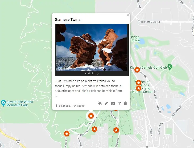 An interactive map of elopement locations at Garden of the Gods park in Colorado Springs.