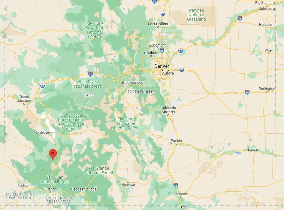 A map of Colorado showing the town of Telluride in the southwest corner.