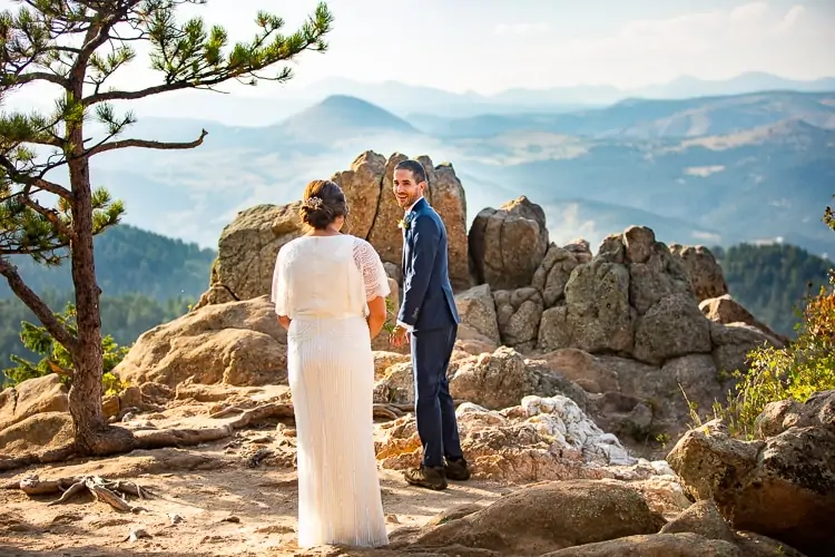 An elopement couple chose lost gulch overlook for their first look location in Boulder.