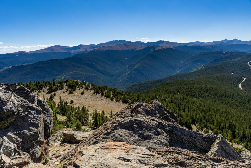 A view of Mt Blue Sky from the summit of Chief Mountain in Idaho Springs, Colorado.