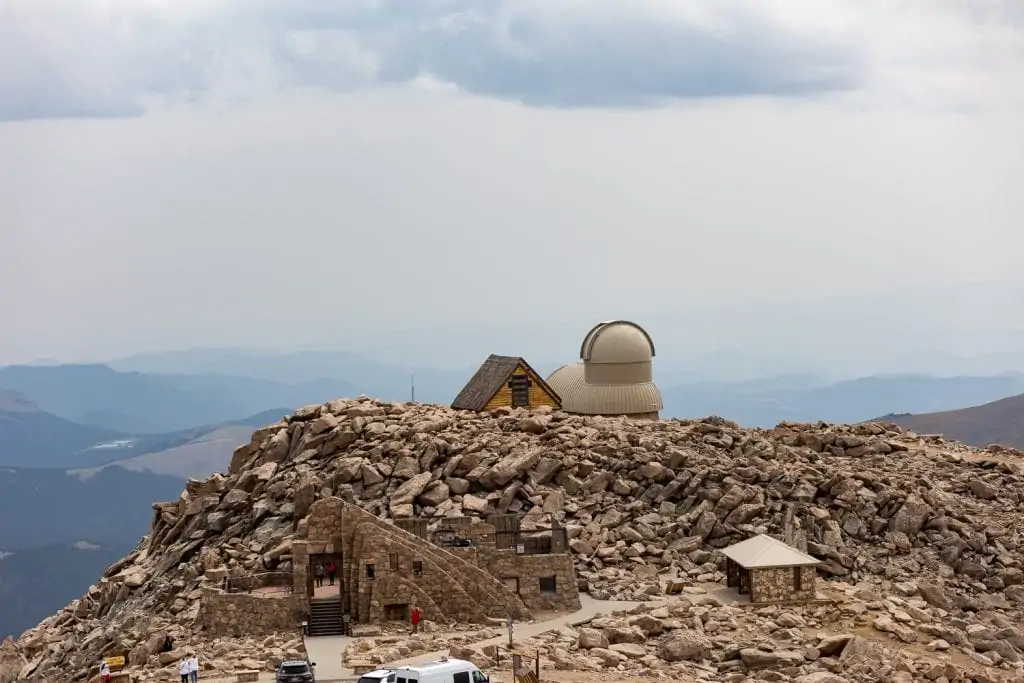 The summit area of Mt. Evans including the observatory and stone house.
