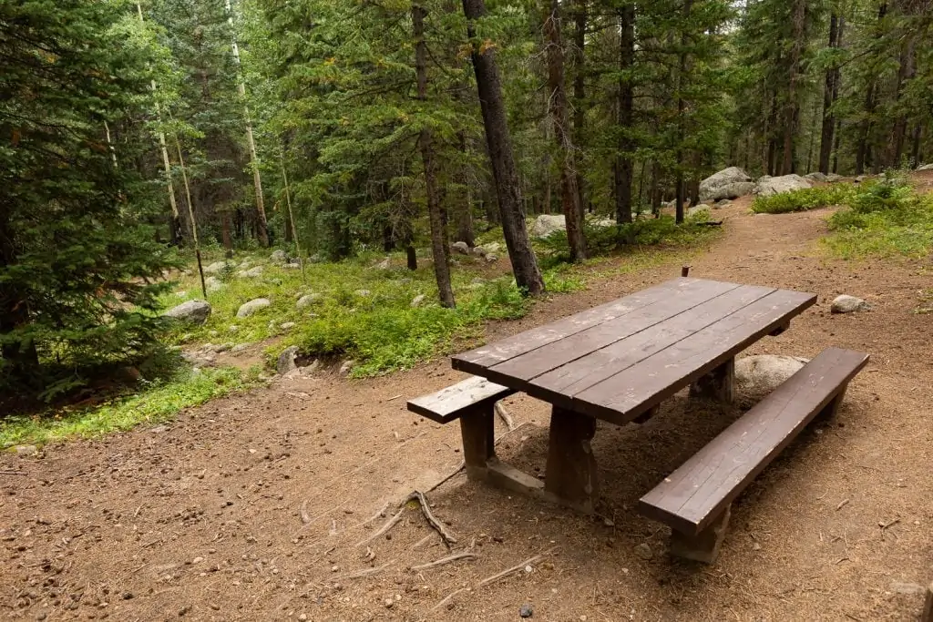 A brown picnic table in Arapahoe National Forest