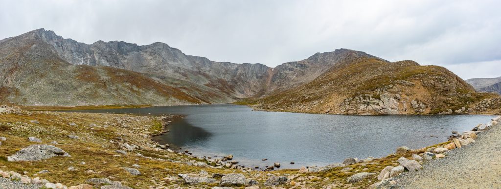 A panoramic view of Summit Lake, Colorado in September.
