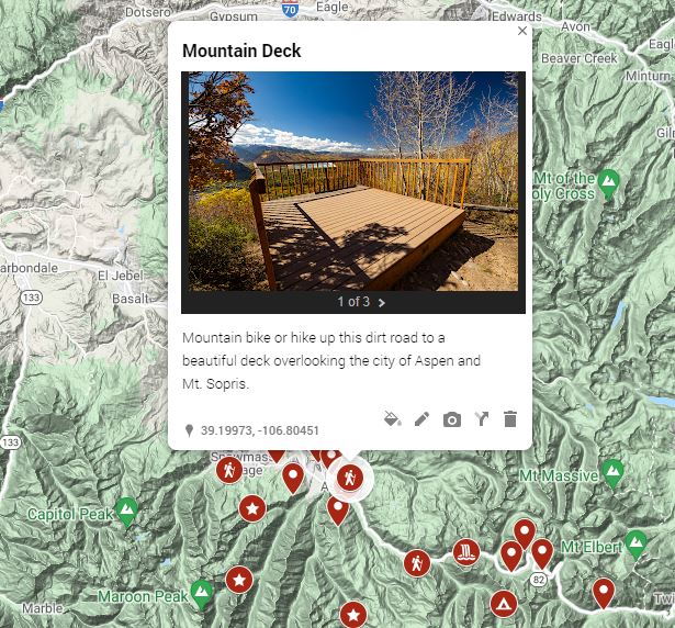 A detailed map of Aspen elopement locations in central colorado.