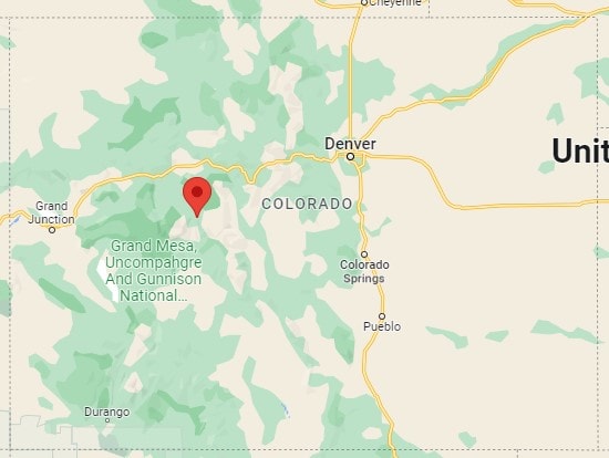The city of Aspen is highlighted with a red pushpin in Central Colorado.