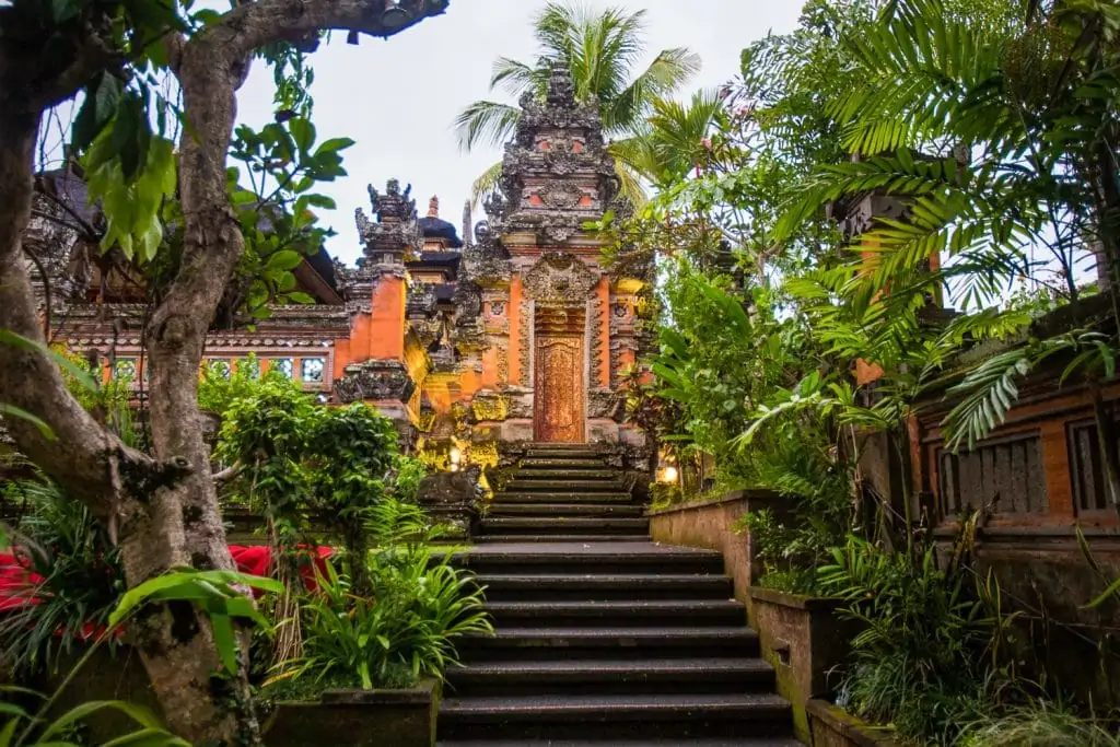 A colorful temple nestled in the jungle of Ubud, Bali.