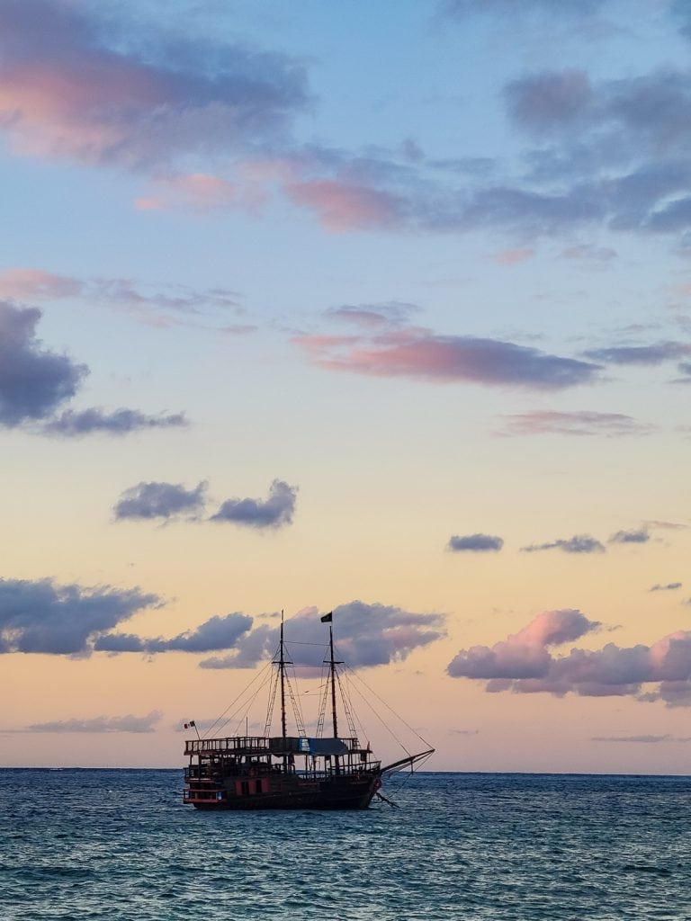 A pirate ship moored off the coast of Cozumel, Mexico.