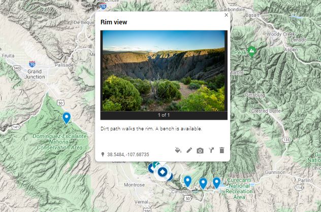 An interactive map of Black Canyon of the Gunnison elopement locations.