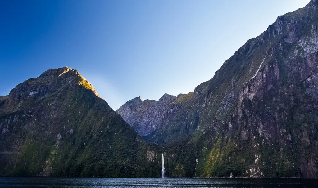 A landscape photo of Stirling Falls in Milford Sound, New Zealand.