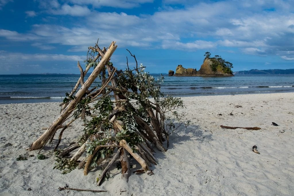 A stick fort on the beach near New Chums beach.