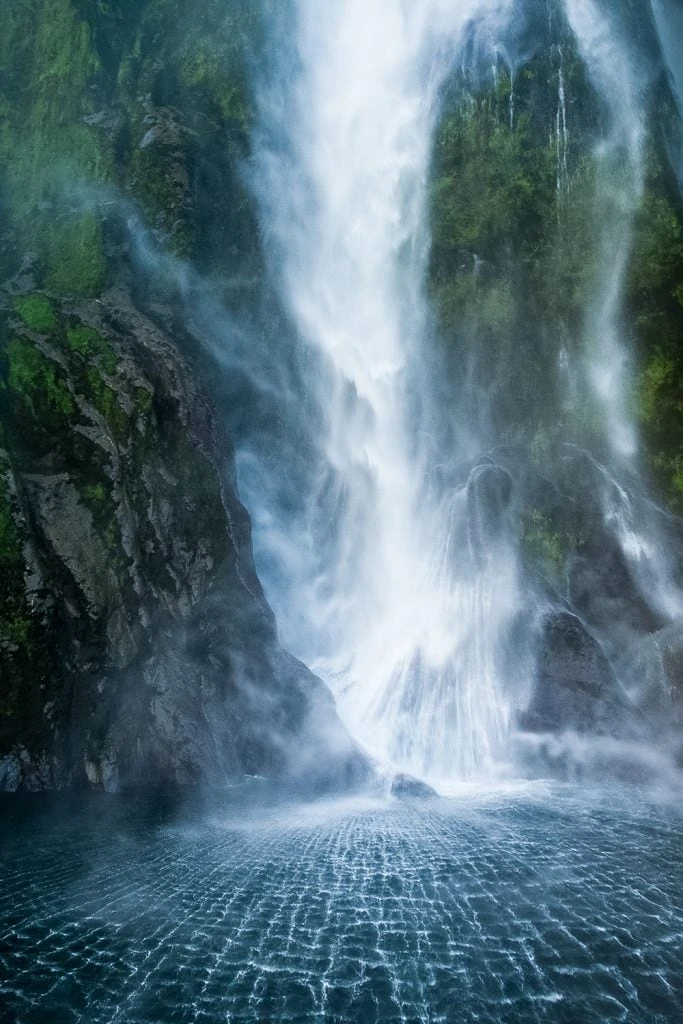 A close up of Stirling Falls in Milford Sound, New Zealand