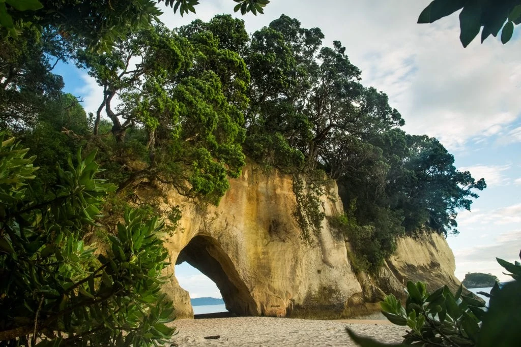 A natural archway through a rock on a beach at Cathedral Cove, New Zealand.