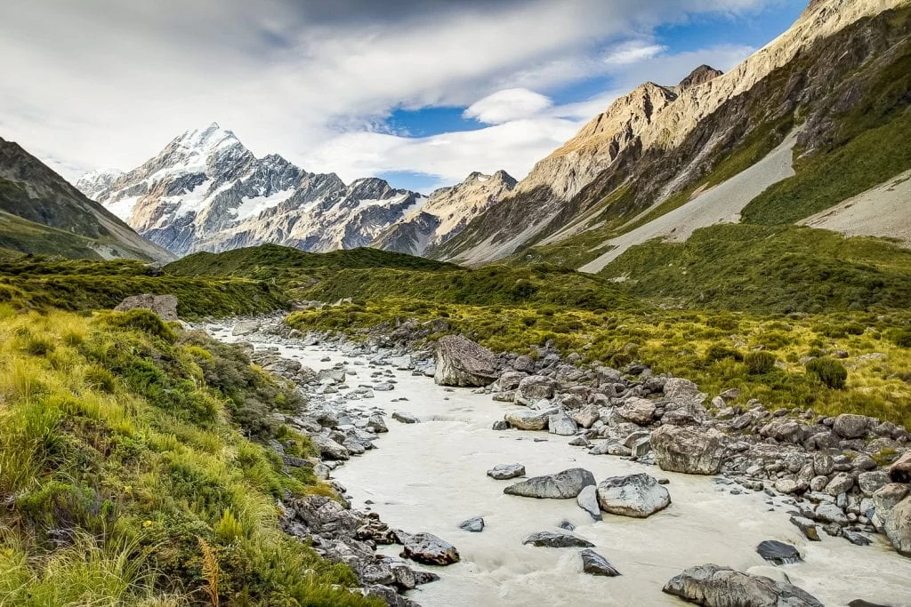 A glacial river in front of Mt. Cook on the south island of New Zealand.
