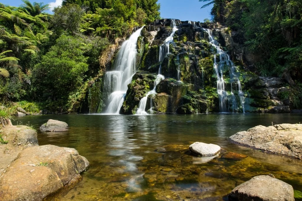 Owharoa falls spreads evenly over the rocky cliff and drops into a peaceful pool.