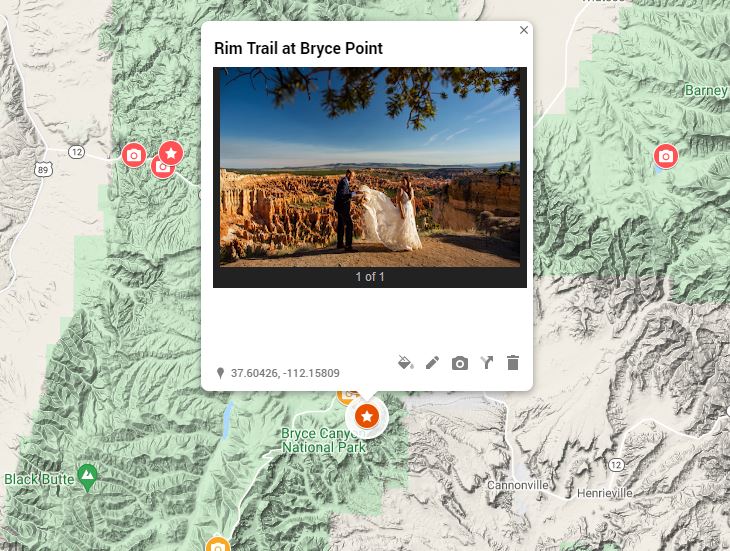 An interactive map of bryce canyon elopement locations and photo spots.