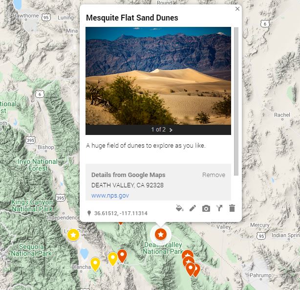 An interactive map of death valley elopement locations with color photos.
