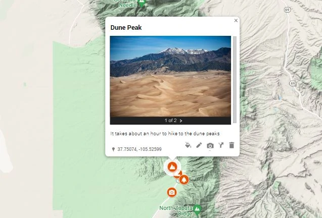 An interactive map of great sand dunes elopement locations.