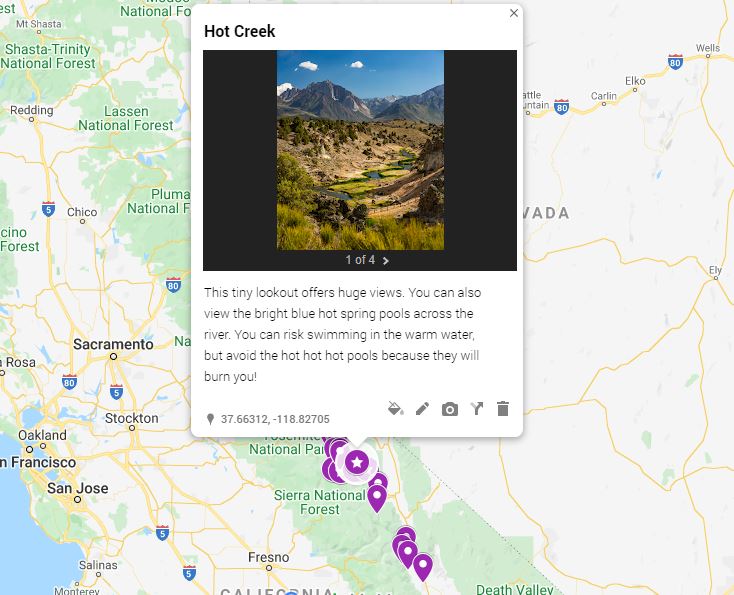 An interactive map of elopement locations in Mammoth Lakes, CA.