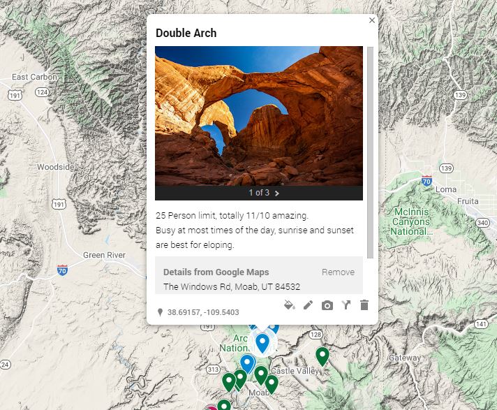 A colorful map of moab elopement locations.