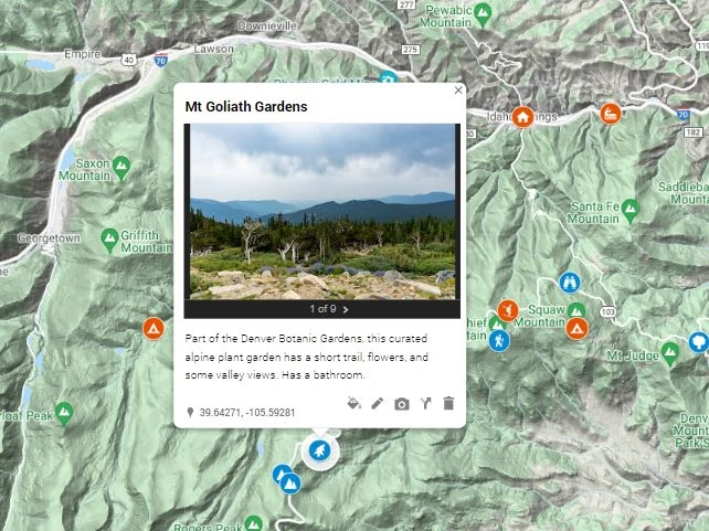 A screenshot and preview of the interactive map of elopement locations on Mt. Evans, Colorado.
