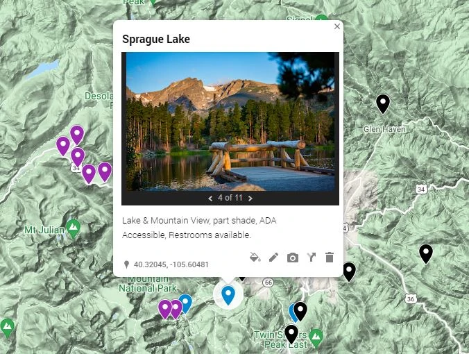 An interactive map of the rocky mountain national park elopement locations.