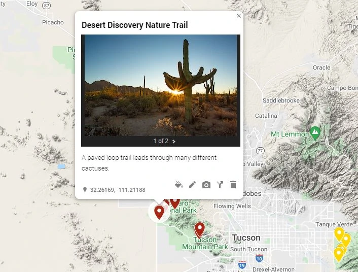 A colorful interactive map of Saguaro National Park elopement locations.