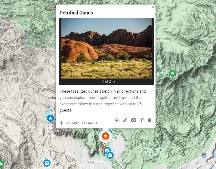 A colorful map of snow canyon state park elopement locations