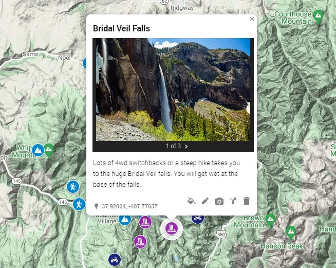 An interactive map of telluride elopement locations in full color.