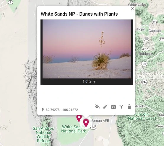 An interactive map of new mexico and white sands elopement locations.